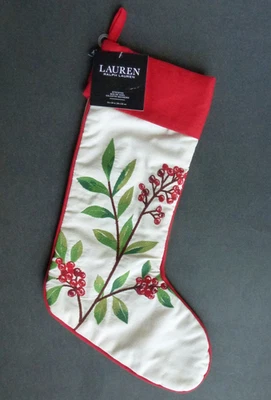 RALPH LAUREN Leaves & Berries CHRISTMAS STOCKING Embroidered Cream Red Cuff - Image 1 of 4