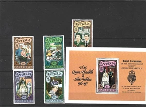 Antigua 1977 Silver Jubilee Set of 5 + Mini Sheet O/P Royal Visit MNH - Bild 1 von 1