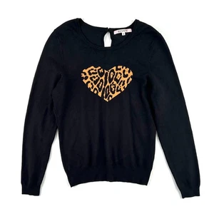 Review Leopard Heart Sweater Womens Sz 12 Black Round Neck Pullover Knit Jumper - Picture 1 of 9