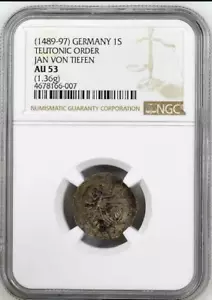 Germania Polonia Scellino 1489 - 97 NGC AU53 Ordine Teutonico Jan Von Tiefen - Foto 1 di 4