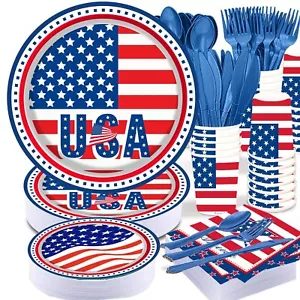 4th Of July Party Supplies Tableware Set 152 Pcs Patriotic American Flag Paper P - Picture 1 of 5