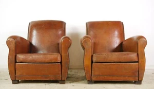 Pair of European French Brown Leather Club Chairs - Picture 1 of 14