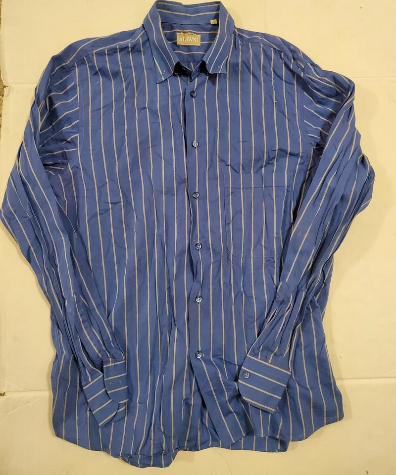 Camisa social masculina vintage ALFANI ITÁLIA tamanho 15,5 listra azul e cinza botão para cima G/S - Imagem 1 de 4