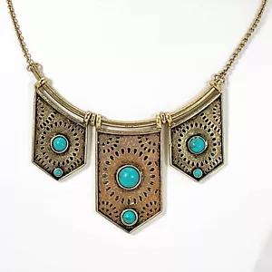Lucky Brand Cleobella Turquoise Collar Necklace Perforated Gold Tone Metal - Picture 1 of 9