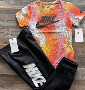 NWT Nike Boys 6 Black/Orange/White All Over Print Shirt & Sweat Pants Set Size 6 - Picture 1 of 3