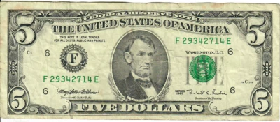 1995 5$ FRN - Small portrait w/ security thread - MEW/RER F29342714E - #15350 - Image 1 of 2