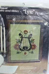 Paragon's Crewel Stitchery Kit Lyre Picture 1973 Framed 16 x 20" Vintage New - Picture 1 of 5