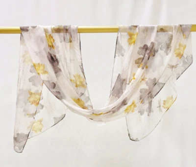 100% Silk Scarf Women neckerchief long Shawl Wrap Floral yellow gray JH42-30 — 第 1/2 张图片