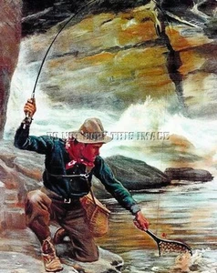 ANTIQUE REPRODUCTION GOODWIN 8X10 PHOTO PRINT FLY FISHING MAN LANDING TROUT - Picture 1 of 1