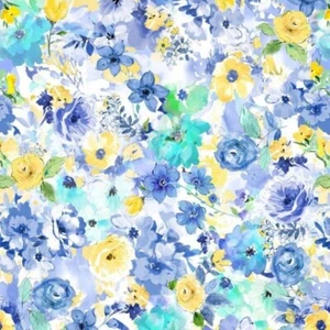 Blue Yellow Floral - Patchwork Quilting Fabric 1 Meter Cut - Picture 1 of 1