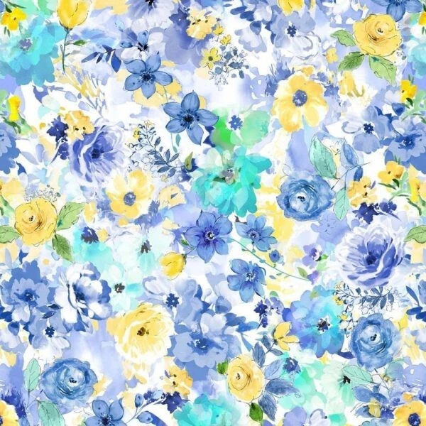 Blue Yellow Floral - Patchwork Quilting Fabric 1 Meter Cut - Image 1 of 1