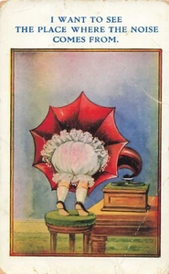 Postcard Humorous Little Girl Searching Phonogram Speaker for where Sound coming - Picture 1 of 2
