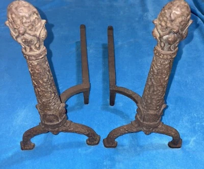 Vintage Fireplace Andirons Antique Art Nouveau Iron F & M CO Ohio Fire Dogs - Image 1 of 4