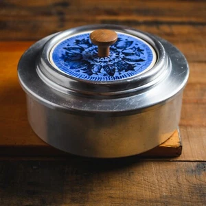 MCM Danish Modern Buenilum Aluminum Blue Ceramic Cake Pan w/Teak Knob and Cover - Picture 1 of 6