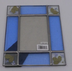 OLDER STAINED GLASS PICTURE, PHOTO FRAME w DRIED FLOWERS, TABLETOP - Picture 1 of 6