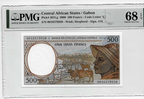 Central Africa States /Gabon 2000 500 Francs ,Code-L- , PMG Super Gem 68 UNC Cover