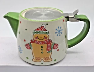 Gingerbread Man Ceramic Teapot/Strainer by Tara 18oz. Tan/Green Christmas - Picture 1 of 6