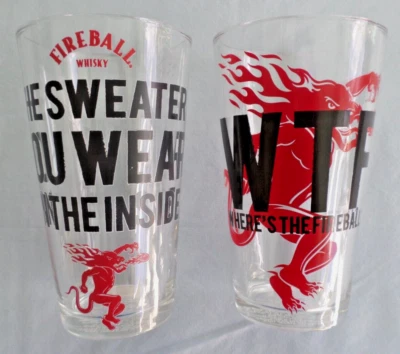 Set of 2, Fireball Cinnamon Whisky, Pint Bar / Drink Glasses,  Home Bar - Image 1 of 3