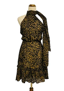 RIXO London Leopard Print Mini Dress Size XS lNeck Tie Sleeveless Ruffle - Picture 1 of 14