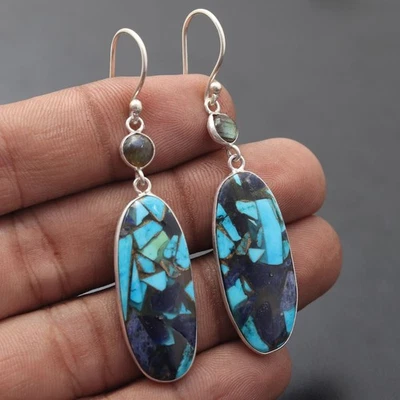 Copper Turquoise Gemstone 925 Sterling Silver Handmade Earring Jewelry Gift For - Image 1 of 2