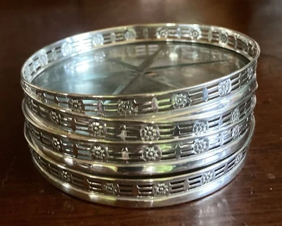 Vtg Sterling Silver and Cut Glass Coaster Set of 4 Floral - Image 1 of 2