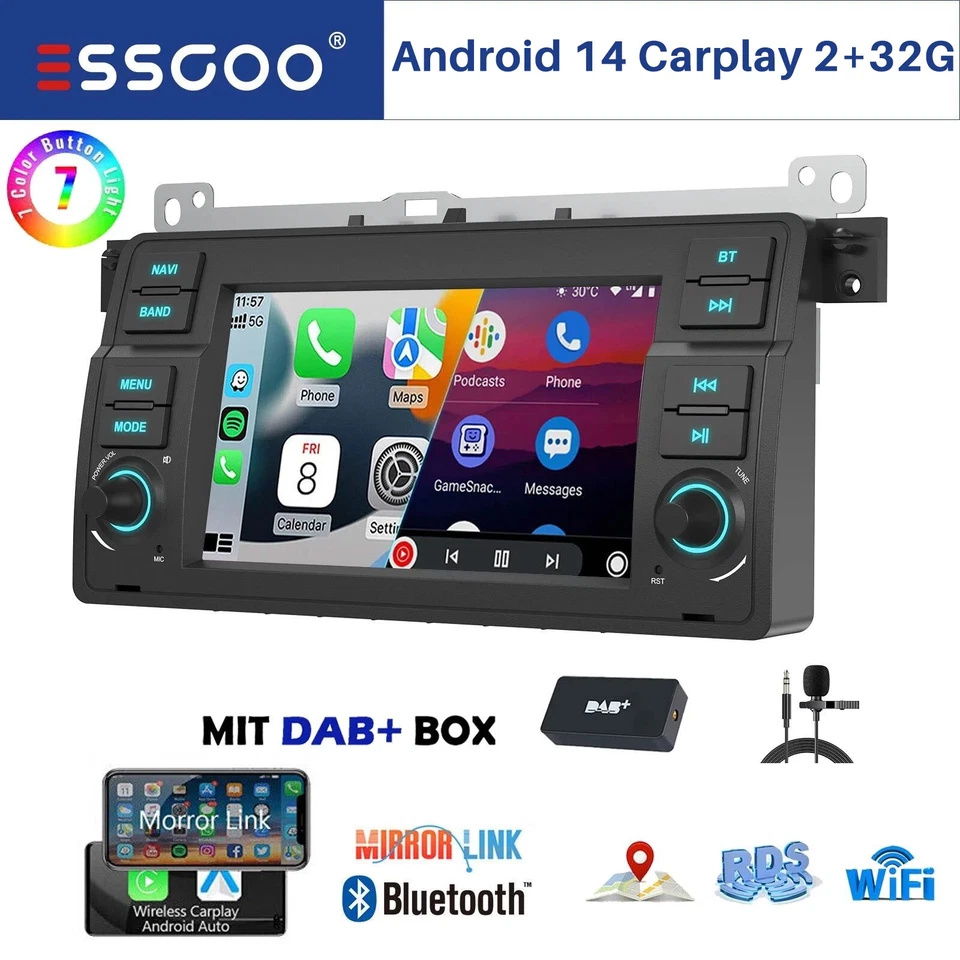 DAB+ Carplay Android 14 Autoradio GPS Navi Für BMW E46 3er 318 320 325 M3 MG ZT - Bild 1 von 4