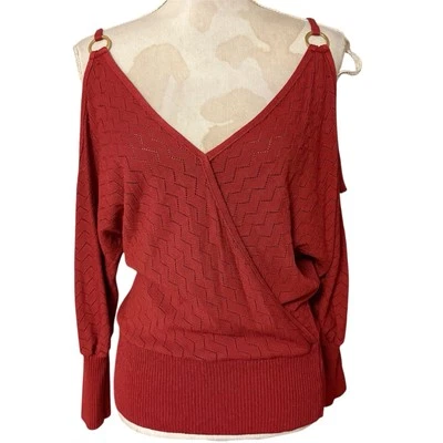 Vtg Y2K Bebe Women's VNeck Dolman Batwing Sleeve Chevron Knit Sweater L USA Made - Image 1 of 4