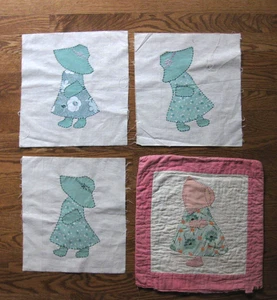 SUN BONNET SUE: 3 VINTAGE QUILT SQUARES, FEED SACK? & OLD QUILT PILLOW CASE - Picture 1 of 17