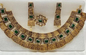 Gold Plated Green Choker Necklace Indian Bollywood Bridal Jewelry Set Pakistani - Picture 1 of 5