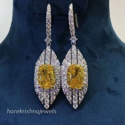 4CT Cushion Cut Yellow Diamond Lab Created Unique Drop Earrings 14K Gold Finish - Image 1 of 4