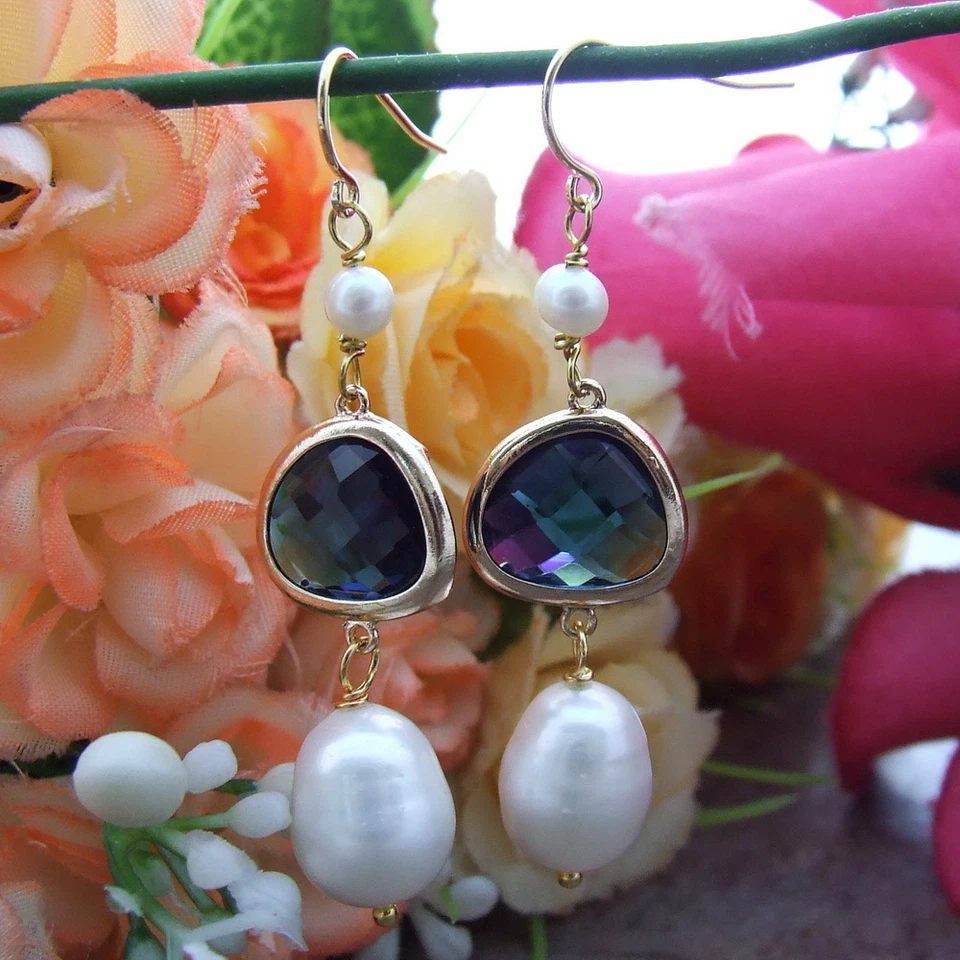 Pendientes de gancho enchapados en oro de vidrio de perlas de arroz blanco de 10x13 mm Foto 1 de 1