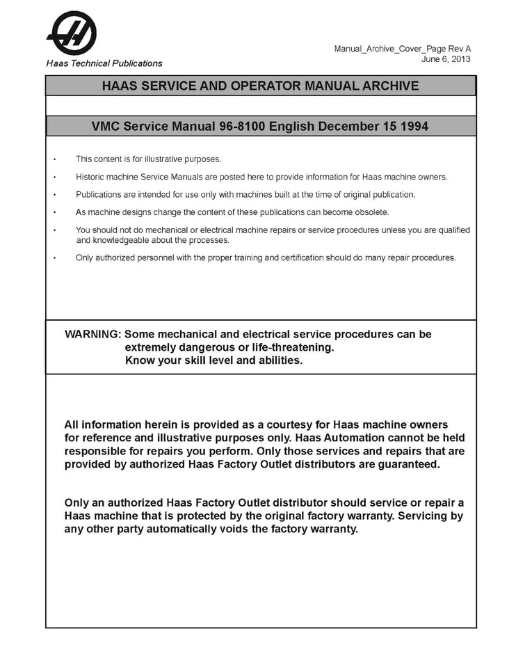Haas Milling Machine 96-8100 VMC Service Manual 1994 - Image 1 of 1