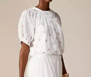 Top donna J Crew cotone a pois grande bianco sbuffo manica corta collo smock - Foto 1 di 5
