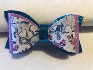 DINOSAUR 3 LAYER HAIR BOW. BLUE, PINK AND WHITE. 3.5" X 1.75". HOMEMADE - Picture 1 of 3