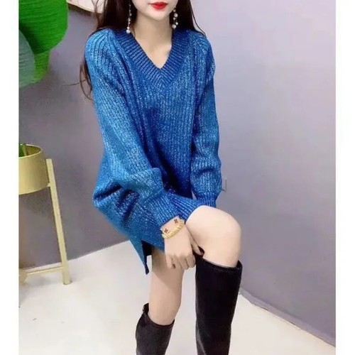 OFF WHITE Gonna abito maglione seta brillante ricamo manica lunga primavera autunno donna