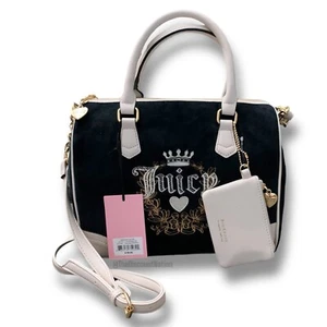 Juicy Couture Velour Heritage Satchel Purse Bag Black Liquorice/Angel NWT - Picture 1 of 11