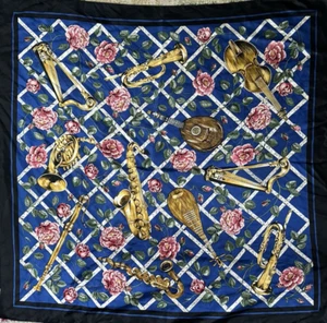 1980s Boston Museum of Fine Arts MFA Musical Instruments Floral Silk Scarf 34x34 - Picture 1 of 8