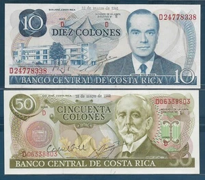 Costa Rica 10 50 Colones 2Pcs Lot, 1981 1982, P 237b 251b, UNC - Picture 1 of 2
