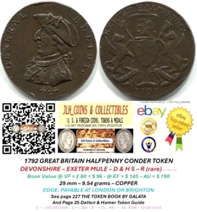 1792 GB CONDER HALFPENNY TOKEN - DEVONSHIRE - EXETER MULE - D & H 5 RR - CT 852 - Picture 1 of 13