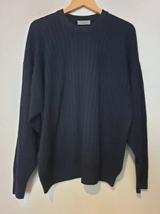 Vintage AQUASCUTUM Mens JUMPER 48" Chest Dark BLUE Ribbed WOOL KNIT Crew Neck - Picture 1 of 7