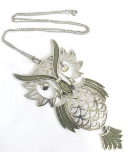 Large Mid Century Silver Tone Articulated Owl Pendant Necklace - Picture 1 of 4