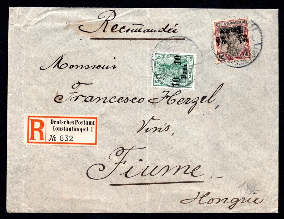 GERMANY TURKEY 1905 CONSTANTINOPLE TO FIUME, HUNGARY REGISTERED COVER - Image 1 of 2