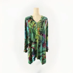 Cocomo Y2K Paisley Blouse 1X Plus Boho Roll Tab Green Stretchy Pleated Abstract - Picture 1 of 11