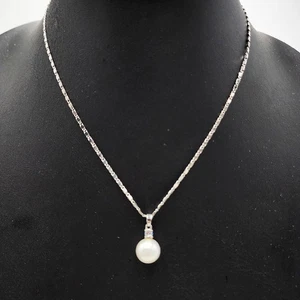 18K White GP Gold Plated Large Pearl Drop Pendant Necklace 17" Cz Crystal Dainty - Picture 1 of 6
