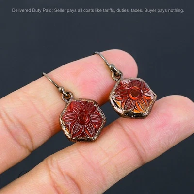Carved Red Onyx Gemstone Copper Dangle Unique Electroformed New Earrings Jewelry - Image 1 of 4