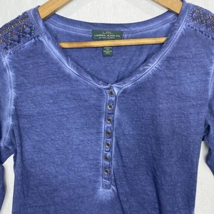 Lauren Ralph Lauren Henley Blouse Denim Look Crochet Womens Size S Blue Cotton - Picture 1 of 9