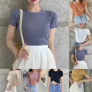 Summer Casual Slim Short Sleeve Knitted T Shirt for Women Fashion Wear - Picture 1 of 45