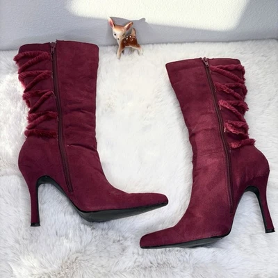 women’s y2k anne michelle burgundy suede fur pointed toe high heels boots - Image 1 of 4