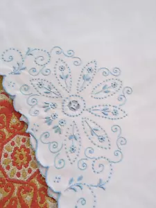 Vintage white cotton blue embroidered flowers pillowcase 60s 70s - Picture 1 of 15