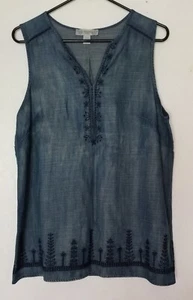 Camiseta sin mangas vintage America Blues para mujer azul floral GRANDE Nikita Chambray bordada - Imagen 1 de 13